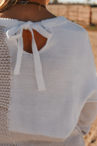 Oatmeal Mixed Pattern Knit Tie Keyhole Drop Shoulder Sweater, A Blissfully Beautiful Boutique - A Blissfully Beautiful Boutique
