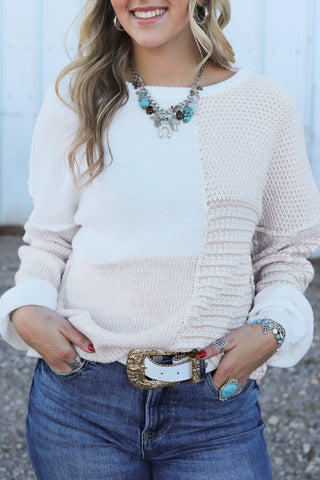 Oatmeal Mixed Pattern Knit Tie Keyhole Drop Shoulder Sweater, A Blissfully Beautiful Boutique - A Blissfully Beautiful Boutique