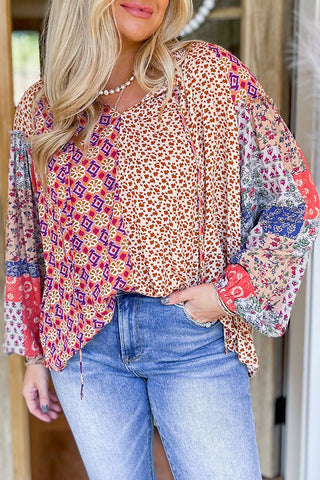Orange Mixed Floral Printed Long Sleeve Tied V Neck Blouse, A Blissfully Beautiful Boutique - A Blissfully Beautiful Boutique