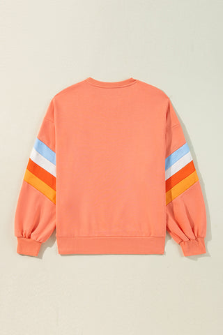 Flamingo Rainbow Striped Sleeve Crew Neck Loose Sweatshirt, A Blissfully Beautiful Boutique - A Blissfully Beautiful Boutique