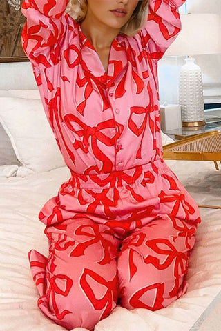 Pink 2pcs Bow Print Shirt Style Long Sleeve Pajama Set, A Blissfully Beautiful Boutique - A Blissfully Beautiful Boutique