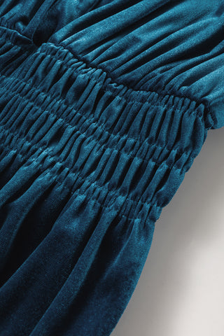 Prussian Blue Velvet Short Sleeve Shirred Waist Tiered Maxi Dress, A Blissfully Beautiful Boutique - A Blissfully Beautiful Boutique