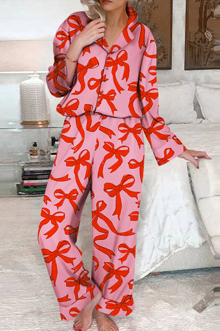 Pink 2pcs Bow Print Shirt Style Long Sleeve Pajama Set, A Blissfully Beautiful Boutique - A Blissfully Beautiful Boutique