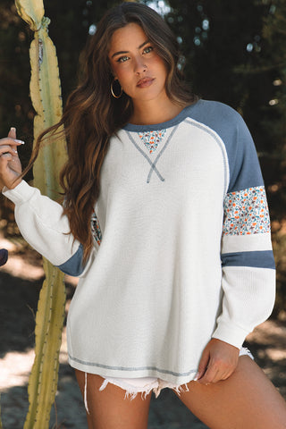 White Floral Patchwork Waffle Knit Raglan Top, A Blissfully Beautiful Boutique - A Blissfully Beautiful Boutique