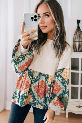 Jet Stream Paisley Geometric Patchwork Crew Neck Loose Fit Top, A Blissfully Beautiful Boutique - A Blissfully Beautiful Boutique