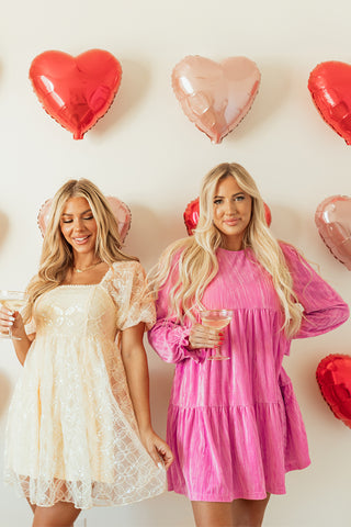 Strawberry Pink Flounce Sleeve Tiered Ruffled Velvet Mini Dress, A Blissfully Beautiful Boutique - A Blissfully Beautiful Boutique