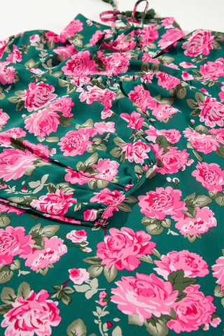 Green Floral Printed Tied Collar Puff Sleeve Blouse, A Blissfully Beautiful Boutique - A Blissfully Beautiful Boutique