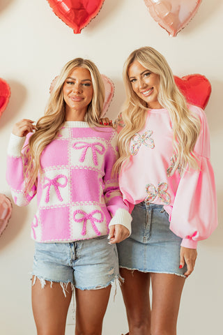 Light Pink Embroidered Bow Lantern Sleeve Oversized Pullover Sweatshirt, A Blissfully Beautiful Boutique - A Blissfully Beautiful Boutique