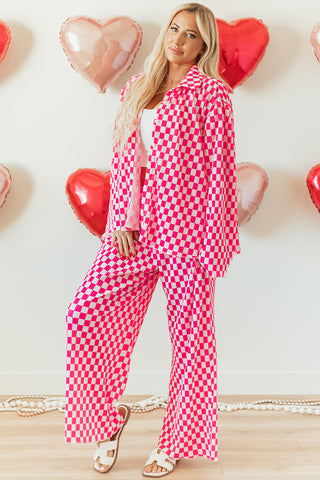 Pink Checkered Buttoned Shirt and High Waist Pants Pajama Set, A Blissfully Beautiful Boutique - A Blissfully Beautiful Boutique