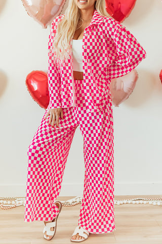 Pink Checkered Buttoned Shirt and High Waist Pants Pajama Set, A Blissfully Beautiful Boutique - A Blissfully Beautiful Boutique