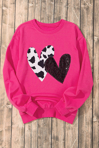 Strawberry Pink Cow & Sequin Double Heart Patch Graphic Sweatshirt, A Blissfully Beautiful Boutique - A Blissfully Beautiful Boutique