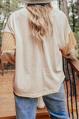 Jet Stream Palm Leaves Polka Dot Puff Sleeve Patchwork V Neck Loose Blouse, A Blissfully Beautiful Boutique - A Blissfully Beautiful Boutique