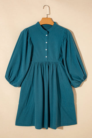 Blue Corduroy Snap Buttons Empire Waist Bracelet Sleeve Dress, A Blissfully Beautiful Boutique - A Blissfully Beautiful Boutique