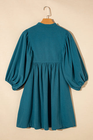 Blue Corduroy Snap Buttons Empire Waist Bracelet Sleeve Dress, A Blissfully Beautiful Boutique - A Blissfully Beautiful Boutique