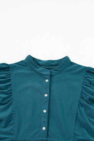 Blue Corduroy Snap Buttons Empire Waist Bracelet Sleeve Dress, A Blissfully Beautiful Boutique - A Blissfully Beautiful Boutique