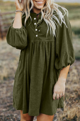 Vineyard Green Corduroy Snap Buttons Empire Waist Bracelet Sleeve Dress, A Blissfully Beautiful Boutique - A Blissfully Beautiful Boutique