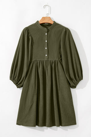 Vineyard Green Corduroy Snap Buttons Empire Waist Bracelet Sleeve Dress, A Blissfully Beautiful Boutique - A Blissfully Beautiful Boutique