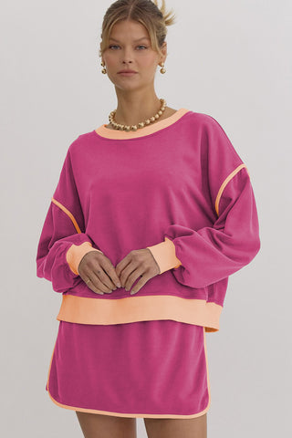 Rose Red Color Contrast Loose Pullover and Lace-up Waist Skort Set, A Blissfully Beautiful Boutique - A Blissfully Beautiful Boutique
