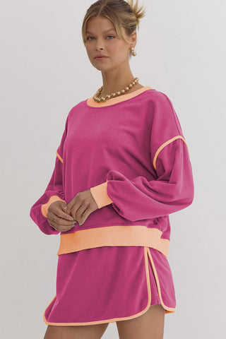 Rose Red Color Contrast Loose Pullover and Lace-up Waist Skort Set, A Blissfully Beautiful Boutique - A Blissfully Beautiful Boutique