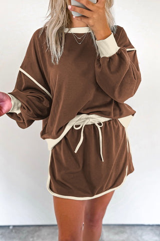 Coffee Color Contrast Loose Pullover and Lace-up Waist Skort Set, A Blissfully Beautiful Boutique - A Blissfully Beautiful Boutique