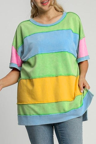 Light Blue Color Block Exposed Seam Patchwork Plus Size T Shirt, A Blissfully Beautiful Boutique - A Blissfully Beautiful Boutique