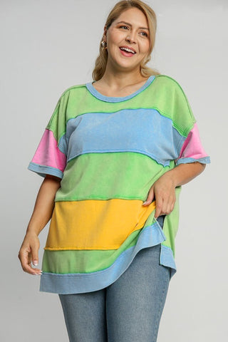 Light Blue Color Block Exposed Seam Patchwork Plus Size T Shirt, A Blissfully Beautiful Boutique - A Blissfully Beautiful Boutique