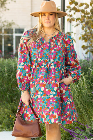 Sky Blue Plus Size Floral Print Shirred Ruffle Tiered Mini Dress, A Blissfully Beautiful Boutique - A Blissfully Beautiful Boutique