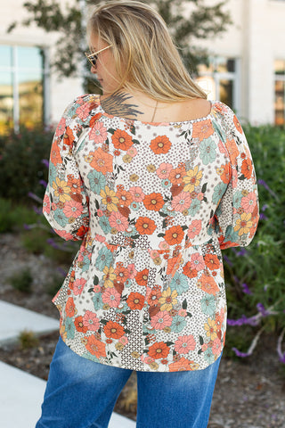 Khaki Plus Size Flower Print Square Neck Peplum Blouse, A Blissfully Beautiful Boutique - A Blissfully Beautiful Boutique