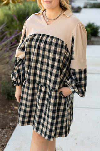 Black Plaid Waffle Knit Patchwork Collared V Neck Plus Size Mini Dress, A Blissfully Beautiful Boutique - A Blissfully Beautiful Boutique