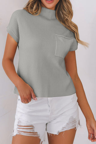 Gray Patch Pocket Ribbed Knit Short Sleeve Sweater, A Blissfully Beautiful Boutique - A Blissfully Beautiful Boutique