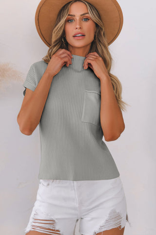 Gray Patch Pocket Ribbed Knit Short Sleeve Sweater, A Blissfully Beautiful Boutique - A Blissfully Beautiful Boutique