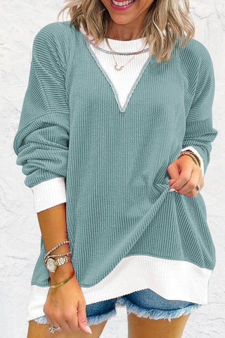 Light Blue Corded Colorblock Drop Shoulder Loose Top, A Blissfully Beautiful Boutique - A Blissfully Beautiful Boutique