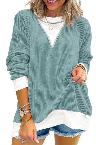 Light Blue Corded Colorblock Drop Shoulder Loose Top, A Blissfully Beautiful Boutique - A Blissfully Beautiful Boutique
