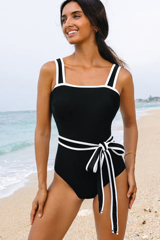 Black Colorblock Edge Belted One Piece Swimsuit, A Blissfully Beautiful Boutique - A Blissfully Beautiful Boutique
