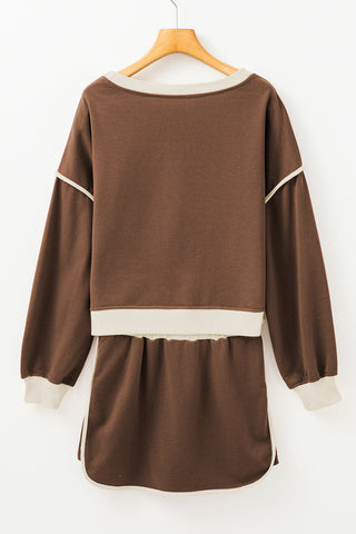 Coffee Color Contrast Loose Pullover and Lace-up Waist Skort Set, A Blissfully Beautiful Boutique - A Blissfully Beautiful Boutique