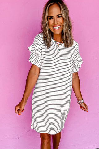 White Stripe Ruffled Short Sleeve Crew Neck T Shirt Shift Mini Dress, A Blissfully Beautiful Boutique - A Blissfully Beautiful Boutique