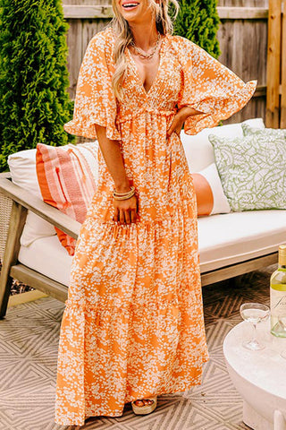 Orange Floral Print Smocked V Neck Wide Sleeve Maxi Dress, A Blissfully Beautiful Boutique - A Blissfully Beautiful Boutique