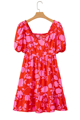 Red Floral Bubble Sleeve Sweetheart Neck Ruffled Mini Dress, A Blissfully Beautiful Boutique - A Blissfully Beautiful Boutique