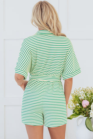 Green Stripe Textured Short Sleeve Collared Buttoned Waist Tie Romper, A Blissfully Beautiful Boutique - A Blissfully Beautiful Boutique