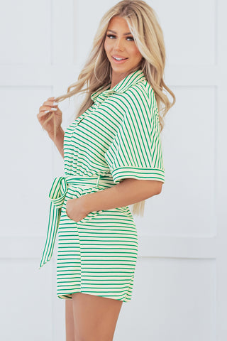 Green Stripe Textured Short Sleeve Collared Buttoned Waist Tie Romper, A Blissfully Beautiful Boutique - A Blissfully Beautiful Boutique