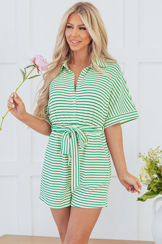 Green Stripe Textured Short Sleeve Collared Buttoned Waist Tie Romper, A Blissfully Beautiful Boutique - A Blissfully Beautiful Boutique