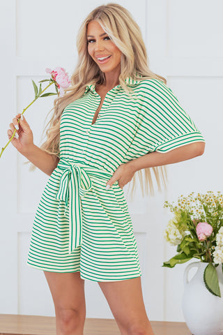 Green Stripe Textured Short Sleeve Collared Buttoned Waist Tie Romper, A Blissfully Beautiful Boutique - A Blissfully Beautiful Boutique