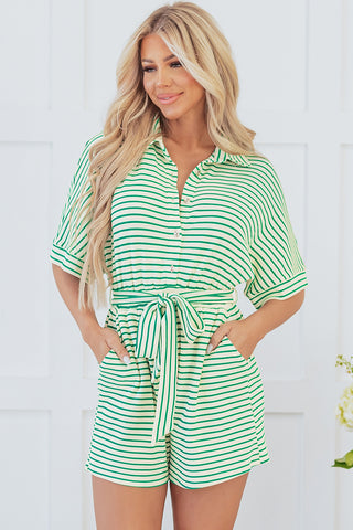 Green Stripe Textured Short Sleeve Collared Buttoned Waist Tie Romper, A Blissfully Beautiful Boutique - A Blissfully Beautiful Boutique