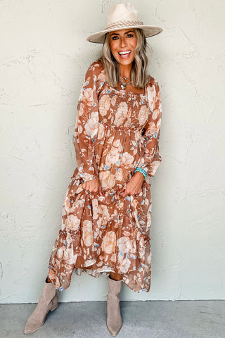 Brown Floral Print Shirred Square Neck High Waist Maxi Dress, A Blissfully Beautiful Boutique - A Blissfully Beautiful Boutique