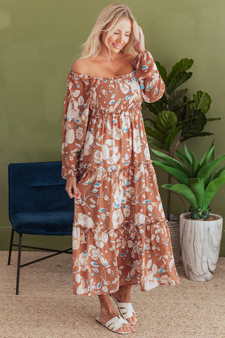 Brown Floral Print Shirred Square Neck High Waist Maxi Dress, A Blissfully Beautiful Boutique - A Blissfully Beautiful Boutique