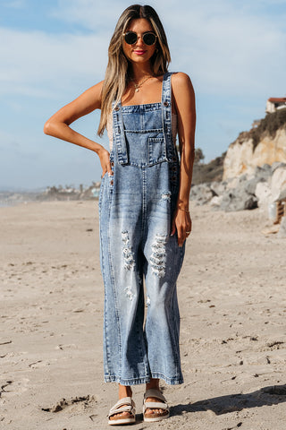 Stone Blue Distressed Bib Pocket Wide Leg Denim Overall, A Blissfully Beautiful Boutique - A Blissfully Beautiful Boutique