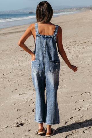 Stone Blue Distressed Bib Pocket Wide Leg Denim Overall, A Blissfully Beautiful Boutique - A Blissfully Beautiful Boutique