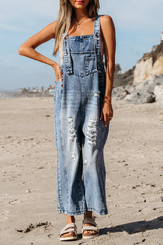 Stone Blue Distressed Bib Pocket Wide Leg Denim Overall, A Blissfully Beautiful Boutique - A Blissfully Beautiful Boutique