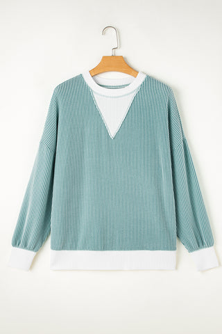 Light Blue Corded Colorblock Drop Shoulder Loose Top, A Blissfully Beautiful Boutique - A Blissfully Beautiful Boutique