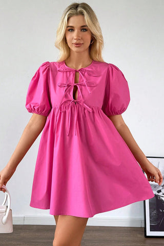 Bright Pink Solid Color Puff Sleeve Tie Front High Waist Mini Dress, A Blissfully Beautiful Boutique - A Blissfully Beautiful Boutique